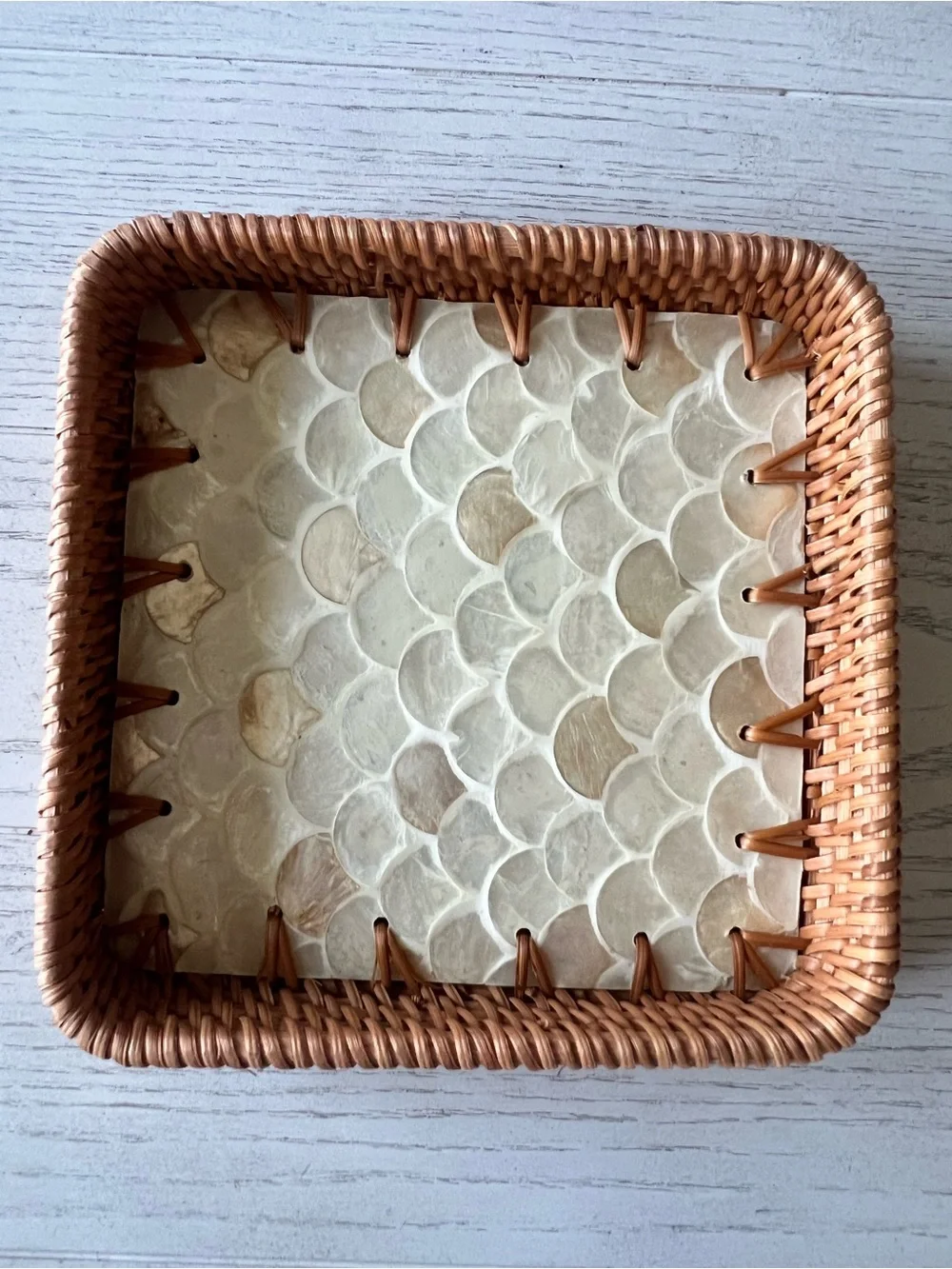Square Rattan and Capiz Shell Decorative Tray - 7”